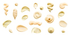 Mayonnaise drop and splash sets. White sause isolated stain top view. Elements for design in food or cosmetic sphere. High resolution photo.