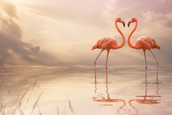 A pair of pink flamingos making a heart shape in reflection pond. Love concept. 