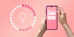 Menstrual cycle tracker mobile app on smartphone screen in hands of woman, graphic representation of period calendar on pink background. Modern technologies for women's health, pregnancy planning
