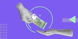 Donates concept. The male hand transfers 100 euros to the female hand. Minimalistic collage.