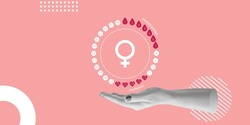 Menstrual cycle over the female hand. Contraception, pregnancy planning concept. Minimalistic collage.