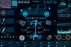 Auto mechanic car service and maintenance infographic elements with charts and graphs in the HUD style, vector illustration.Futuristic User Interface Car auto service, repair, infographics UI HUD 