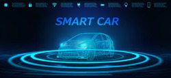 Smart Car Banner. Abstract image of a smart or intelligent car in the form of a starry sky or space. X-ray hologram in HUD style. 3D Electric machine. IOT Autonomous car vehicle with icons infographic