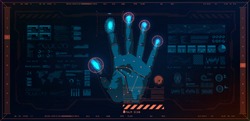 Biometric recognition technology on the palm of a hand, fingerprint and face of a person. Vector illustration Technology artificial intelligence. Fingerprint scanning identification system. HUD style