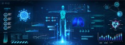 X-ray and MRT human body, examination of the body and lungs on Covid-19 in HUD style. 3D body, bacteria and lungs with FUI, GUI and Sci interface. Healthcare technology. Blue vector illustration 