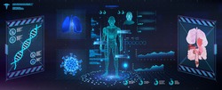 Futuristic examination of the human body with a HUD interface. Modern healthcare Research of human health, polygonal hologram human body x-ray. GUI, UI, HUD for medicine app. Body scan. Vector