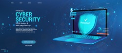 Protecting all personal data on your computer. Cyber security concept banner with laptop and security elements, data encryption, verification, software. Data privacy protection concept and shield