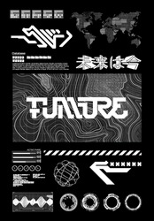 Scifi and HUD box elements for Futuristic design. T-shirt, merch, poster, flayer, apparel and other. Trendy digital elements set for silkscreen clothing. Vector set. Translated from Japanese - Future