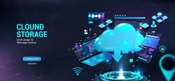 Cloud technologies for download, servers and service. Big data storage. Remote data center for the management of modern technologies and Internet resources via internet. Cloud server. Vector 
