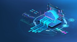 Cloud storage with laptop in isometric. Data center with data exchange for hosting or cloud service. App or Network with computing technologies. Saas, Networks, Softs, Programs. Vector banner