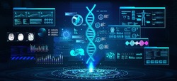 DNA formula research and full analysis with the obtained data in a futuristic laboratory with a HUD interface and a hologram. Hi-tech healthcare diagnostic. HUD, UI, GUI interface and DNA scan. Vector