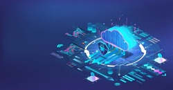 Cloud storage and big data computing in isometric. Blue web banner with online server for big data processing and computing, cloud storage, saas, network computing technologies. Vector server database