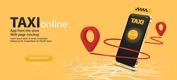 Taxi App banner. Online service for order taxi in application smartphone. 3D mobile phone with cab app. Route map with points. Online service, Cab app, Delivery, Vehicle rent. Vector 3D banner