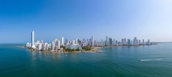 The modern skyscrapers in the Cartagena de Indias in Colombia on the Caribbean coast of South America. Bocagrande district panorama aerial view