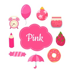 Learn 
colors. Pink. Different objects in pink color. Educational material for children and toddlers.
