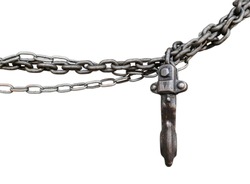 Closeup of old hook metal chain links in the repair shop on white background.This has clipping path.