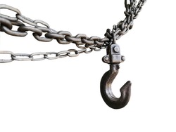 Closeup of old hook metal chain links in the repair shop on white background.This has clipping path.