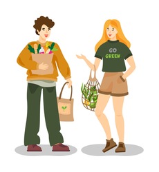 Young boy and girl chating and holding a grocery paper bag and eco bag. People with shopping bags. Zero waste, vegetarianism, ecology. No plastic bags. Eco bag with vegetables. 