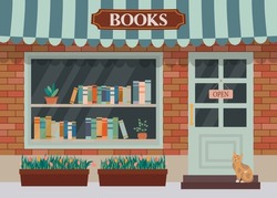 Bookstore, bookshop. Showcase and shelves with books. Flat vector illustration.