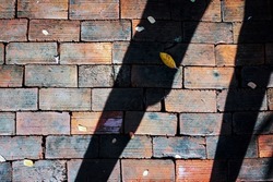 Silhouette of two legs of a man on old multicolor bricks paving stones footpath pattern on sidewalk outdoors as brickwork weave texture or abstract stone paver background. Background and texture.