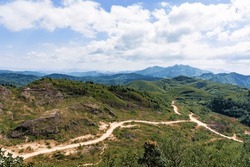 Beautiful landscape of Noen Chang Suek (Battle Elephant Hill) mountain view point is Thailand and Myanmar border crossing point. Mountain hill road view point scenic west in Kanchanaburi Thailand.