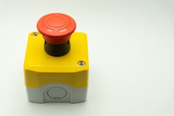 emergency stop button. Big Red emergency button or stop button for manual pressing. STOP button for industrial equipment, emergency stop. Red light. At the factory and industrial facility.