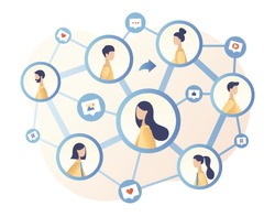 Social Networking. Social media. Share concept. Tiny people communicate sharing data, photos, links, posts and news in social networks. Modern flat cartoon style. Vector illustration