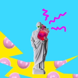 Contemporary art collage. Concept statue holding cocktail.