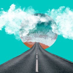 Abstract collage art. Blue sea, road, clouds.