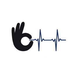 Illustration of an isolated pointing hand icon with a heart beat sign
