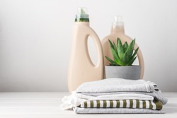 Clean clothes and eco-friendly bottled laundry detergents. Homemade green succulent plant. Green life concept