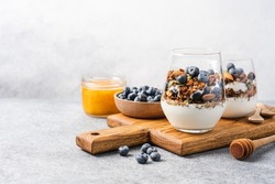 Granola with yoghurt and fresh blueberries in glass. Dessert parfait with berries for breakfast