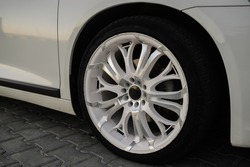 Close up of a car rim. Alloy wheels close up.