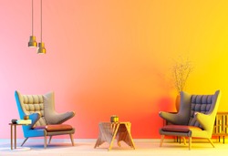 colorful modern interior with two armchair in a colorful color background wall, living room in modern style with low table and decor. colorful background. 3d rendering