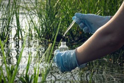 Water pollution concept. Woman scientist takes a water sample from polluted pond.