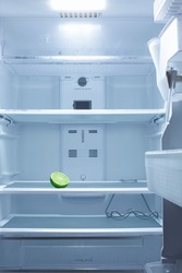 Half a Lemon in the tray of an empty open fridge. Open empty refrigerator. Strict diet to lose weight concept. Economic crisis concept