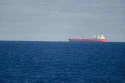 Atlantic Ocean, October 30, 2021: Cargo ship in the Atlantic Ocean. Canary Islands. Spain.