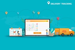 Business concept of delivery tracking, businessman and woman are working to track the shipments on laptop that the display contain map and GPS to track the shipment and deliver the goods to customers.