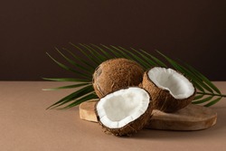 Coconuts with palm leaf over brown background. Tropical fruit.