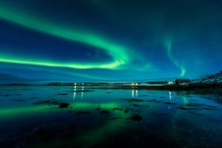 Aurora Borealis on the night sky above the sea. Winter night in Norway. Pure Northern nature.