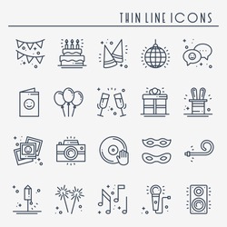 Party celebration thin line icons set. Birthday, holidays, event, carnival festive. Basic party elements icons collection. Vector simple linear design. Illustration. Symbols. Mask gifts cake