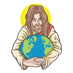 Illustration Jesus hugging a globe