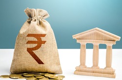 Indian rupee money bag and bank  government building. Budgeting, national financial system. Resource allocation. Support businesses in crisis. Lending loans, deposits. Monetary policy.