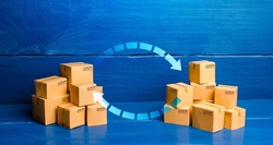 Arrows between boxes. Trade balance and exchange concept. Economic activity. Trading traffic. Transportation and transfer. Buying, selling or bartering goods. Production, manufacture. Deal transaction