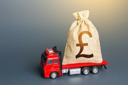 Truck with a british pound sterling money bag. Financial aid, investments and subsidies. Compensation. High super income. Payment of taxes. Cash collection. Money transfers and transactions. Loan