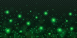 Creative vector illustration of glowing fireflies isolated on transparent dark background. Art design green glowing firefly template. Abstract concept sparks dust element, lightning bugs at night