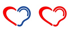 Symbol for deafness with love heart. Limited hearing. Ear hearing loss symbol. Ear icon. Flat vector signs. Deaf problem. Hearing loss impairment logo. World hearing day or world deaf day.