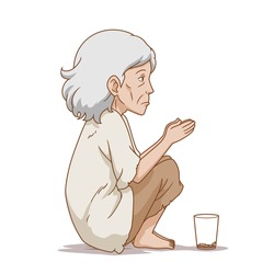 Cartoon illustration of old beggar woman sitting on ground.