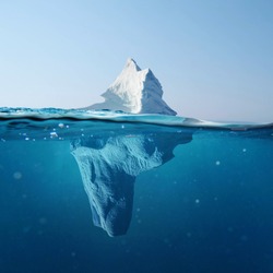 Beautiful iceberg in the ocean with a view under water. Global warming concept. Melting glacier