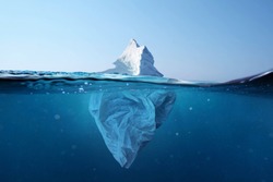 Iceberg - plastic bag with a view under the water. Pollution of the oceans. Plastic bag environment pollution with iceberg. 